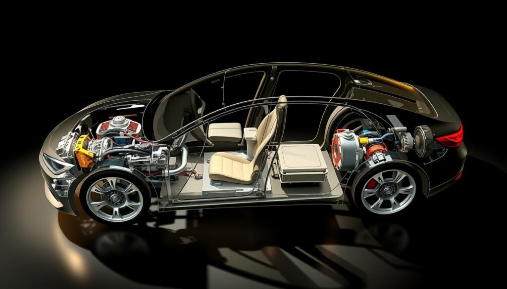 Detailed mechanical diagram of an advanced emergency braking system from Devendra Automobile, with cutaways revealing the internal components. The system includes radar and camera sensors, electronic control unit, hydraulic brake actuators, and various safety algorithms. The scene is lit by harsh directional lighting, casting sharp shadows to highlight the technical details. The perspective is a three-quarter angle, allowing a clear view of the system's structure and operation. The overall mood is one of precision engineering and technological sophistication.