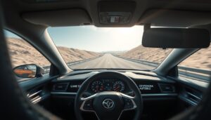A sleek, high-tech automobile interior featuring a digital dashboard displaying a Lane Departure Warning System. In the foreground, focus on a close-up of the dashboard with vivid graphics showing lane markings and warning signals. The middle ground should include a steering wheel designed with modern features, hinting at the car’s advanced technology. In the background, a panoramic view of a highway bends around gentle hills, illustrating lane lines ahead. The lighting is bright and clear, simulating daylight with soft reflections on the dashboard surfaces. The atmosphere is one of innovation and safety, showcasing modernity and reliability. The brand name "DEVENDRA AUTOMOBILE" is subtly integrated into the dashboard design without text overlays or distractions. The image conveys an essence of advanced technology and comfort on the road.