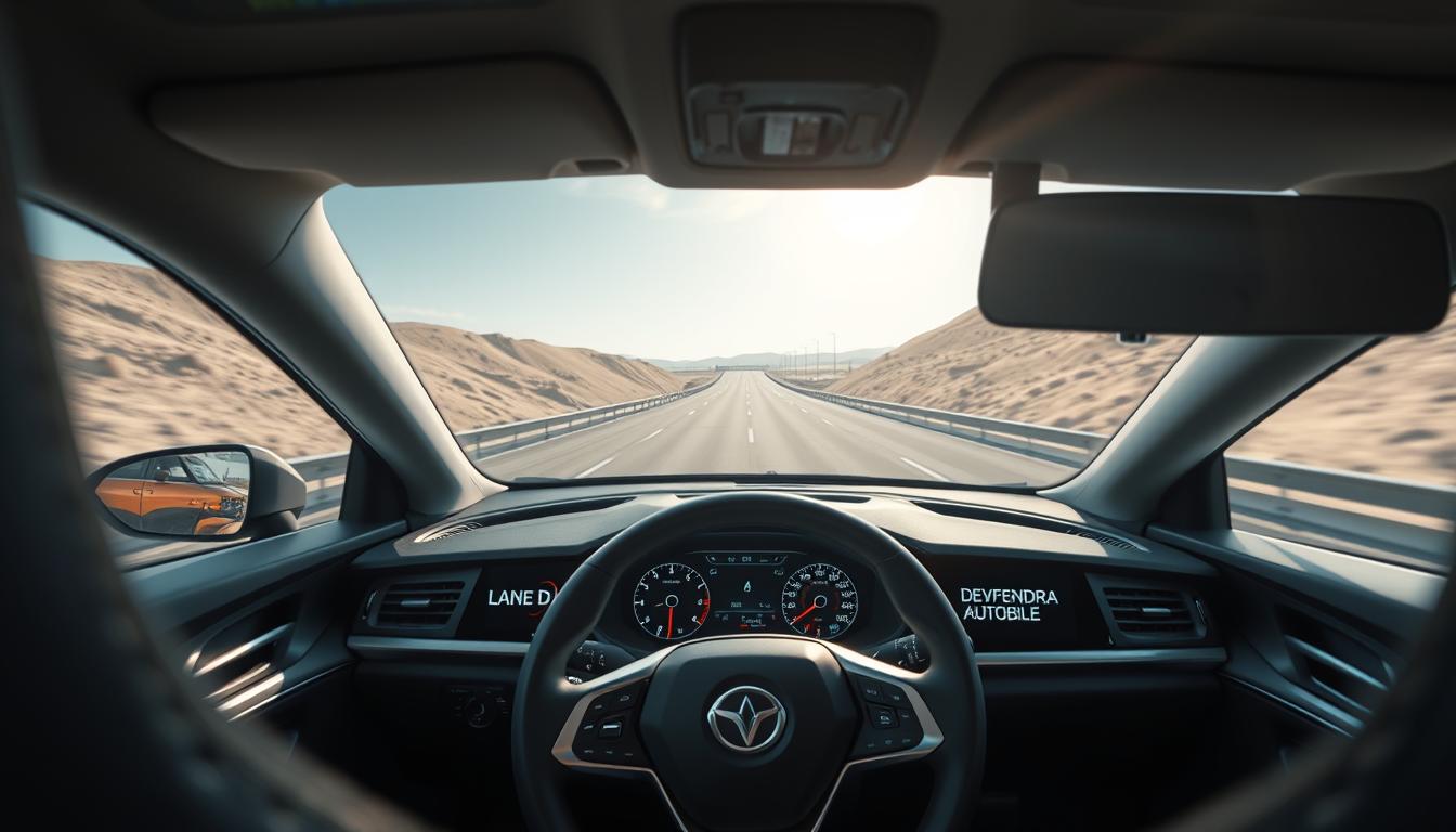 A sleek, high-tech automobile interior featuring a digital dashboard displaying a Lane Departure Warning System. In the foreground, focus on a close-up of the dashboard with vivid graphics showing lane markings and warning signals. The middle ground should include a steering wheel designed with modern features, hinting at the car’s advanced technology. In the background, a panoramic view of a highway bends around gentle hills, illustrating lane lines ahead. The lighting is bright and clear, simulating daylight with soft reflections on the dashboard surfaces. The atmosphere is one of innovation and safety, showcasing modernity and reliability. The brand name "DEVENDRA AUTOMOBILE" is subtly integrated into the dashboard design without text overlays or distractions. The image conveys an essence of advanced technology and comfort on the road.