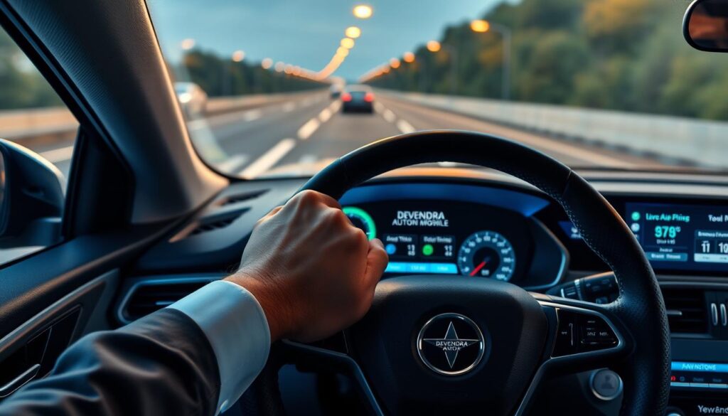 A sleek, modern lane departure warning system interface displayed on a car's dashboard, featuring a high-resolution screen showing real-time analytics. In the foreground, a driver's hands grip the steering wheel, dressed in professional business attire, portraying focus and engagement. In the middle ground, the dashboard is illuminated with soft blue and green lights, emphasizing the technology's advanced features. The background reveals a blurred highway setting, indicating motion with road lines fading into the distance. The atmosphere conveys a sense of safety and innovation, highlighting the critical role of lane departure warnings in enhancing road safety. Branding is subtly integrated, displaying "DEVENDRA AUTOMOBILE" on the dashboard display. The scene is well-lit, with a professional lens perspective capturing the details crisply. A sleek, modern lane departure warning system interface displayed on a car's dashboard, featuring a high-resolution screen showing real-time analytics. In the foreground, a driver's hands grip the steering wheel, dressed in professional business attire, portraying focus and engagement. In the middle ground, the dashboard is illuminated with soft blue and green lights, emphasizing the technology's advanced features. The background reveals a blurred highway setting, indicating motion with road lines fading into the distance. The atmosphere conveys a sense of safety and innovation, highlighting the critical role of lane departure warnings in enhancing road safety. Branding is subtly integrated, displaying "DEVENDRA AUTOMOBILE" on the dashboard display. The scene is well-lit, with a professional lens perspective capturing the details crisply.
